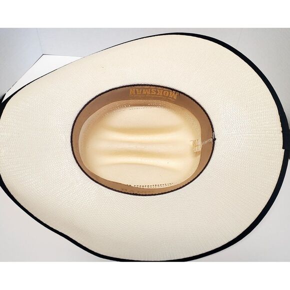 MoksMan 100X Bangora Western Cowboy Hat SZ 7 Legendary Hats Ivory Woven w/ Black - Picture 11 of 16
